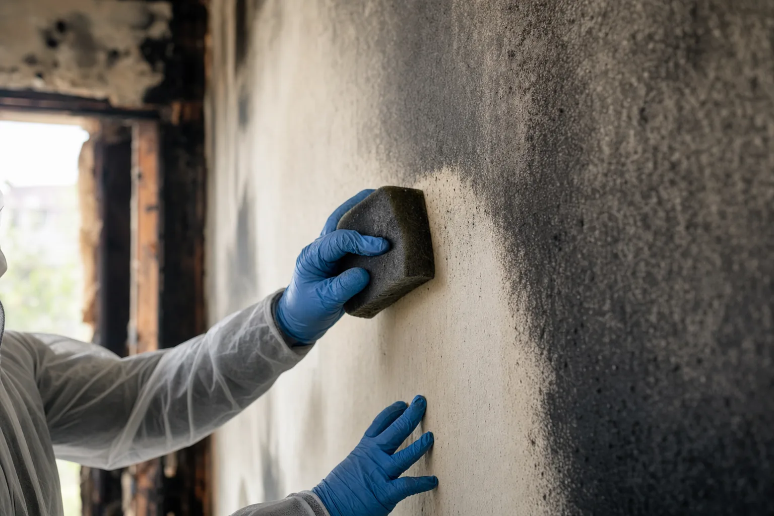 Technician removing soot and smoke residue from a fire-damaged wall