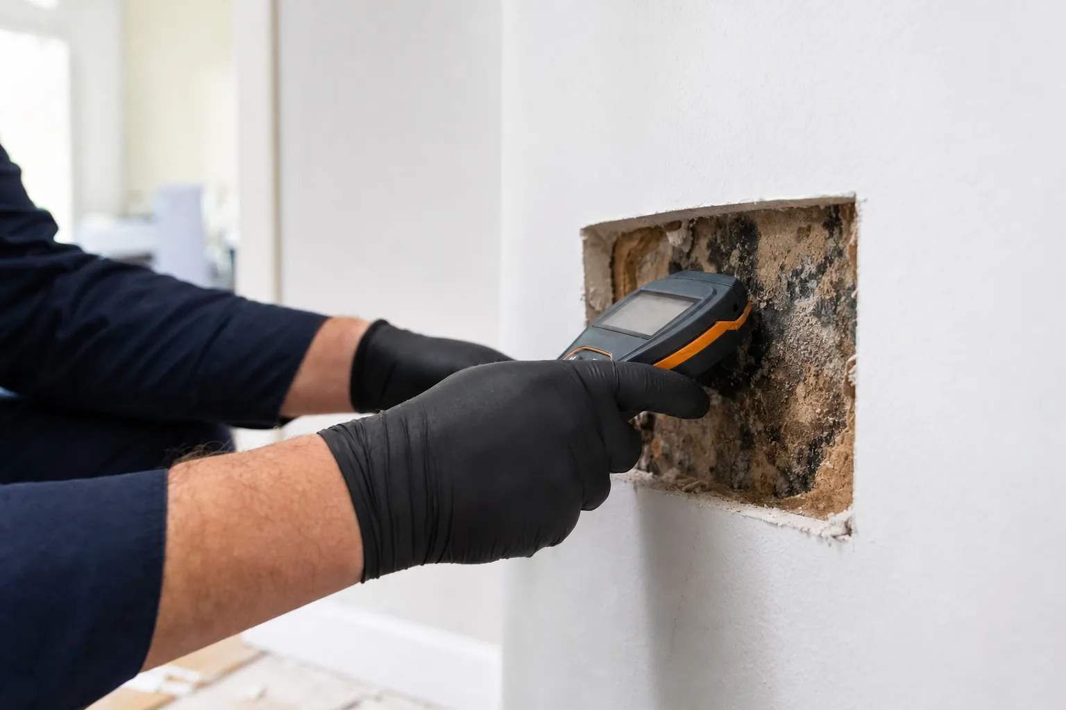 Technician inspecting a wall for hidden mold with a moisture meter