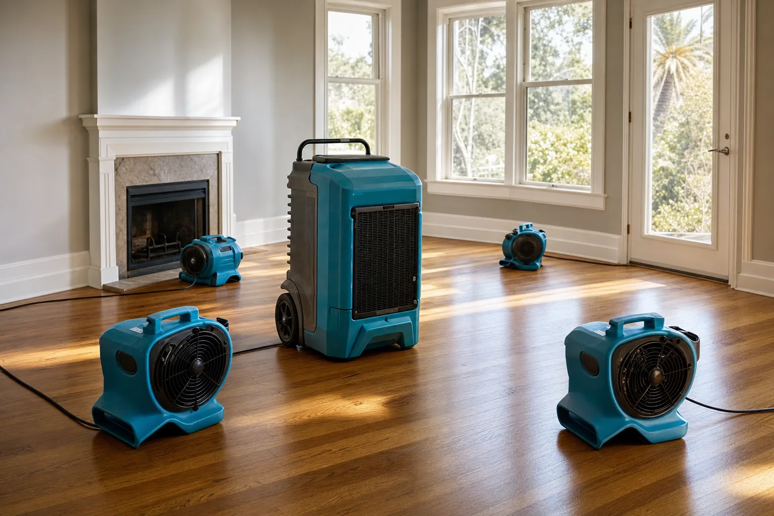 Professional drying equipment set up after water damage